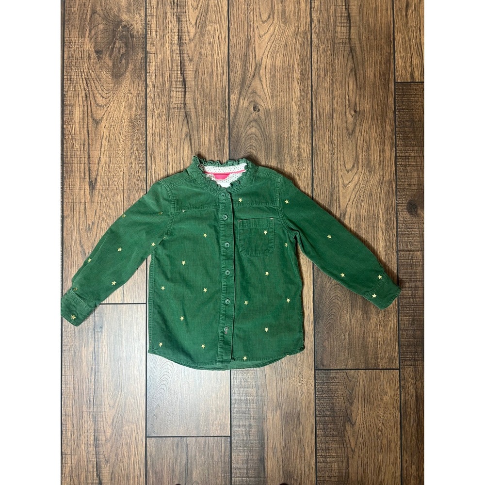 Mini Boden Green Corduroy Star Embroidered Shirt Ruffle Collar Button Front 5-6Y